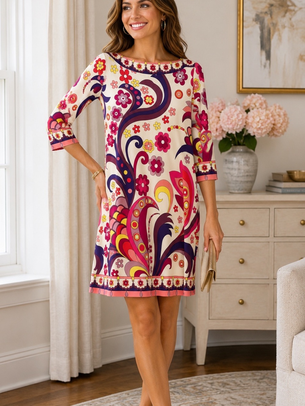 Ali Ro Retro Mod Floral Shift Dress Size Small 70’s inspired 3/4 Sleeve Stretch